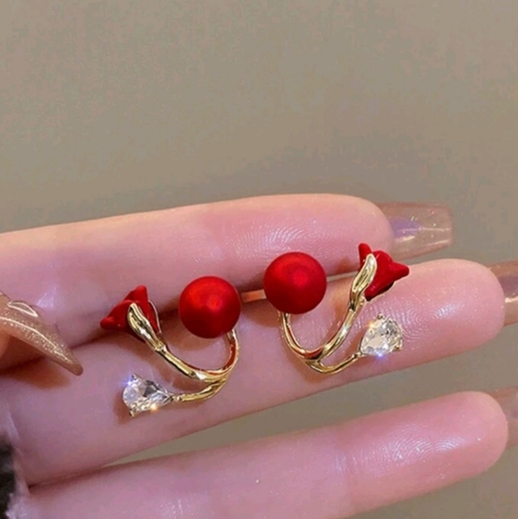 Elegant Red Rose & Faux Pearl Rhinestone Earrings New! - Picture 3 of 9